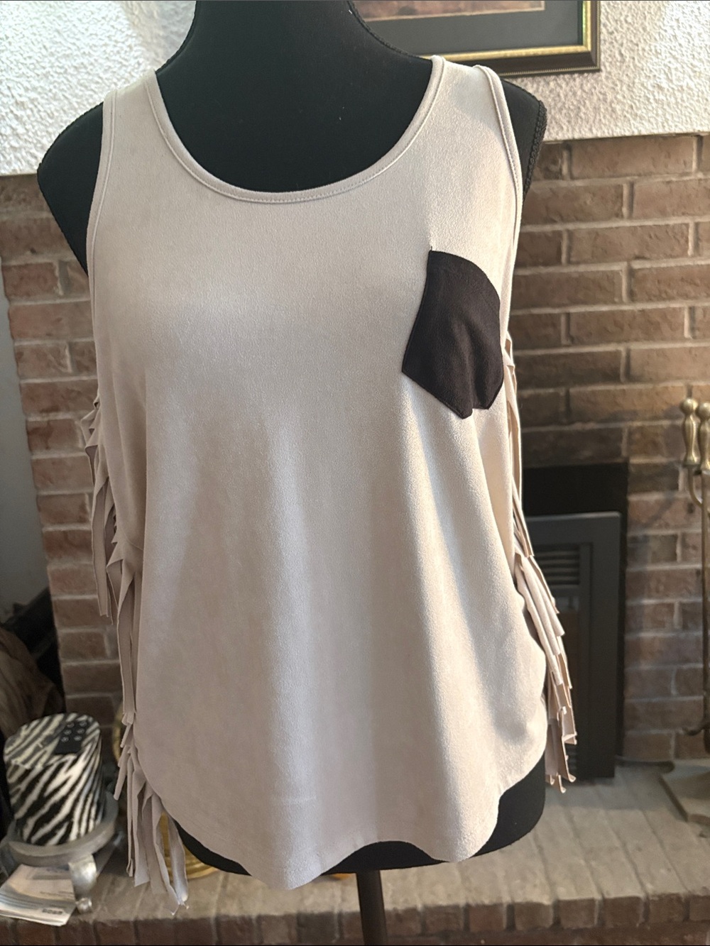 Cherish Beige Tank Top with Black Contrast Pocket and Side Fringe
